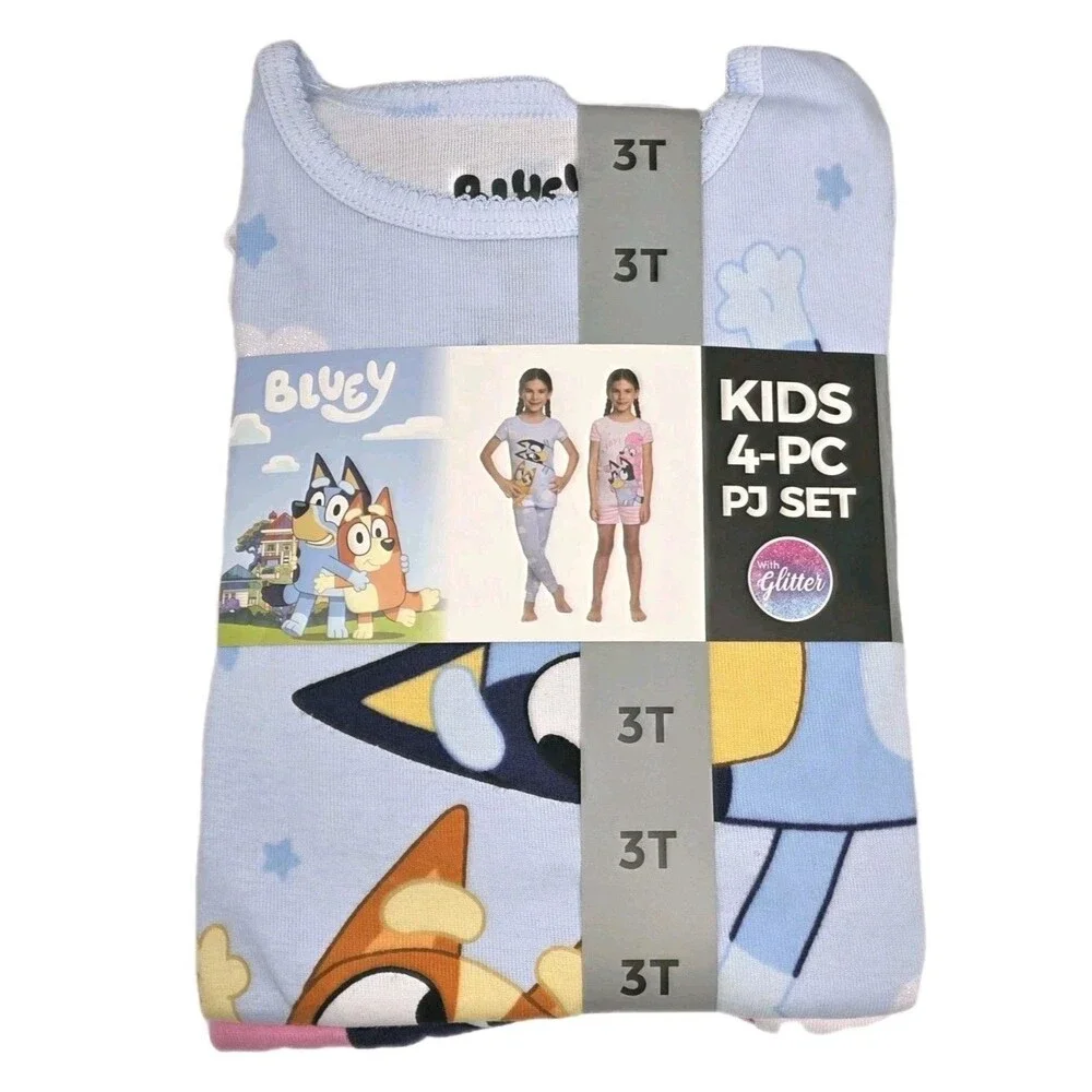 Bluey Girls 4-piece Pajama Set 100% Cotton Size 3T Glitter Accents Pants Shorts